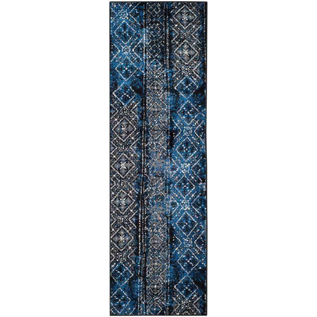 Blue and black runner pairs weathered diamond motifs with narrow center stripes. || ADR111A-28 || top_studio