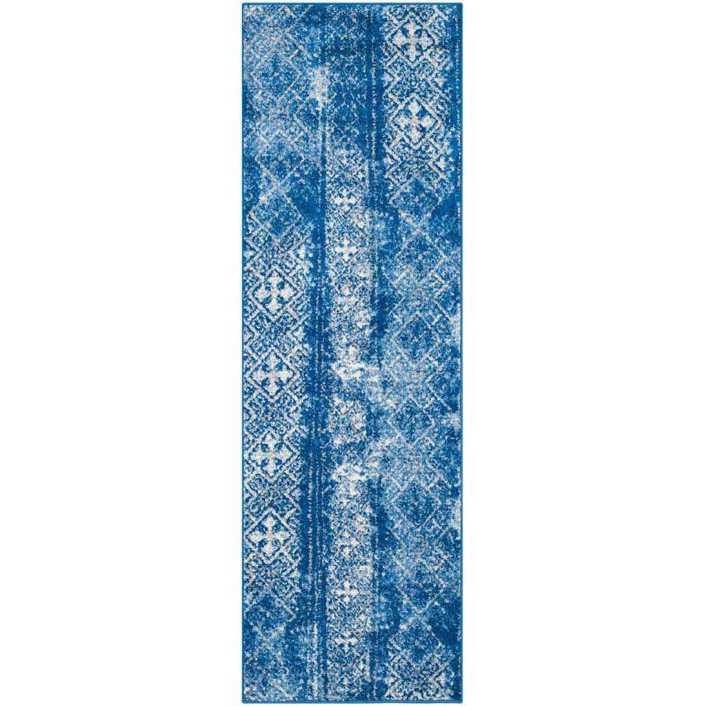 Silver and blue runner features faded diamond motifs and bold vertical bands. || ADR111F-28 || top_studio
