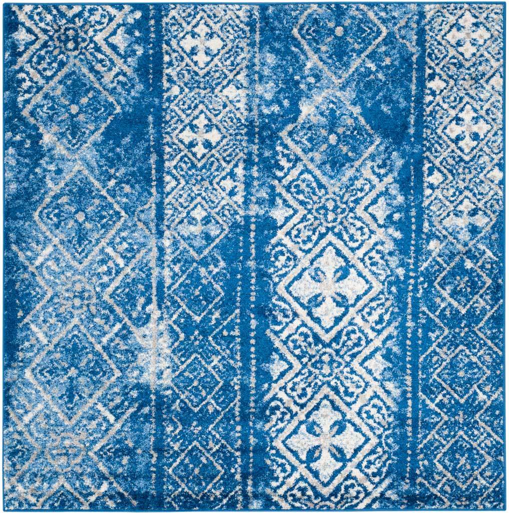 Square blue and silver rug pairs faded floral diamonds with finely patterned stripes