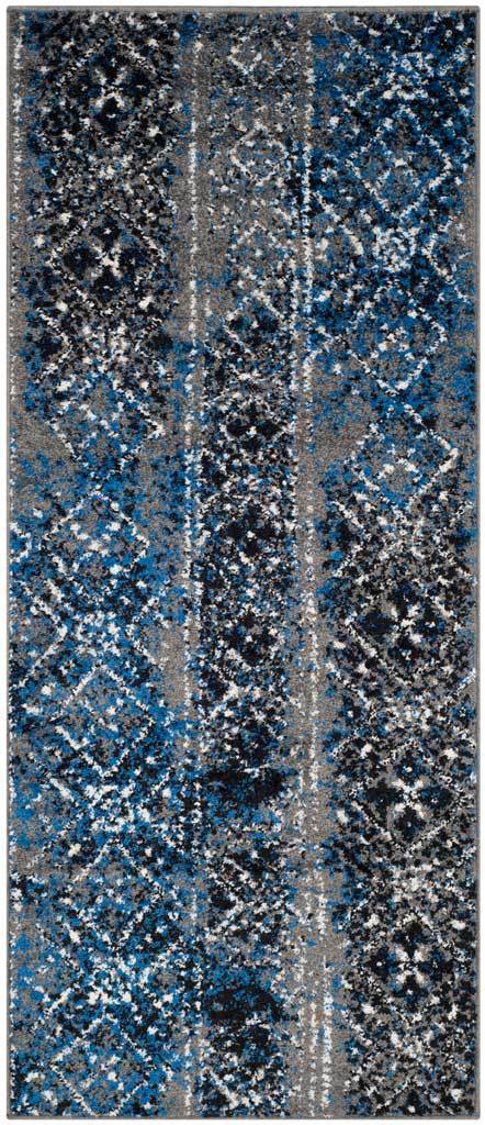 Silver and blue runner blends dark diamond motifs with a richly mottled multicolor field. || ADR111G-26 || top_studio