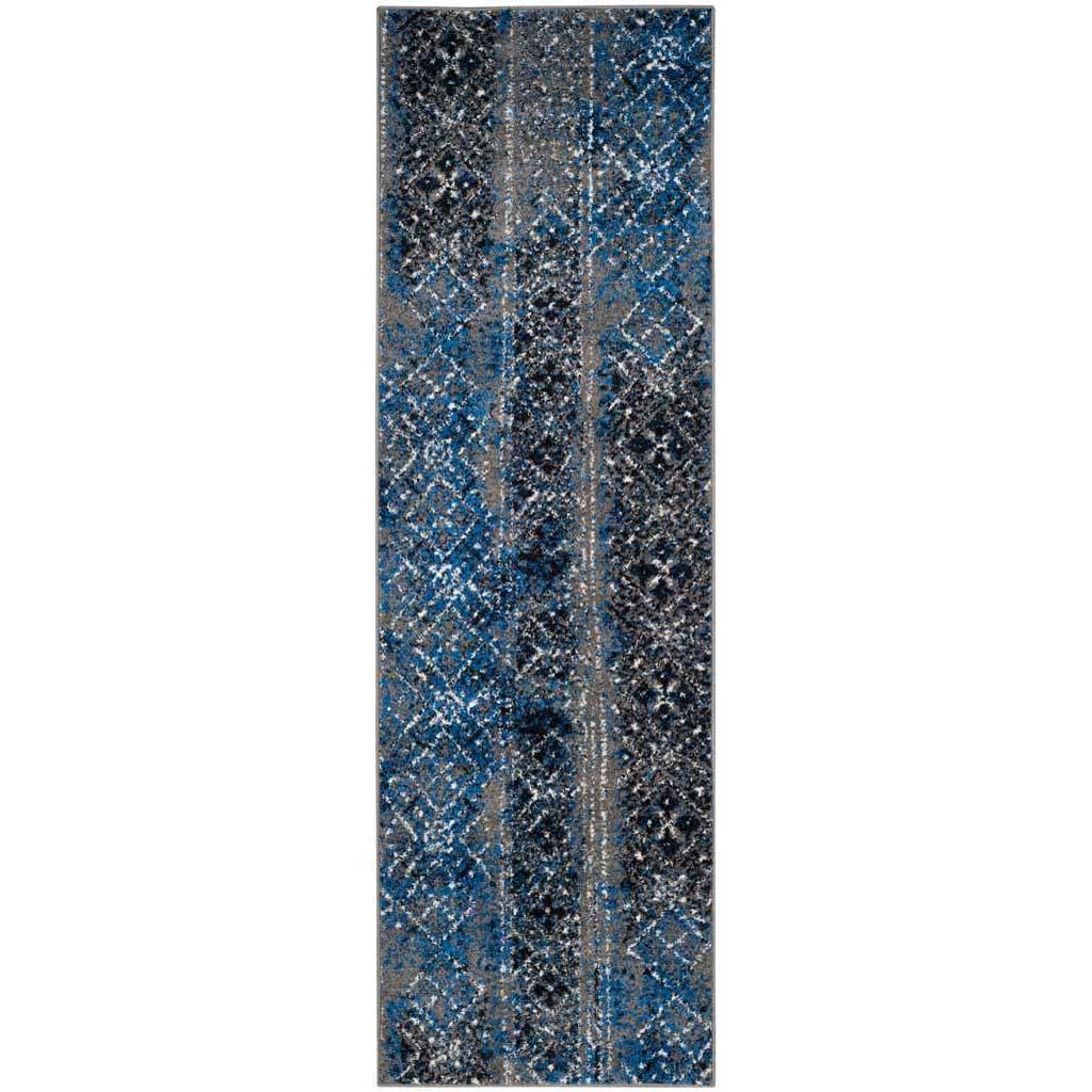 Silver, blue, and black tones mingle across a distressed geometric runner. || ADR111G-28 || top_studio