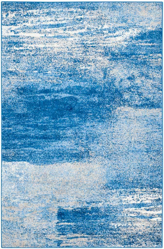 Silver and blue area rug with distressed brushstrokes and broad bands of cool color