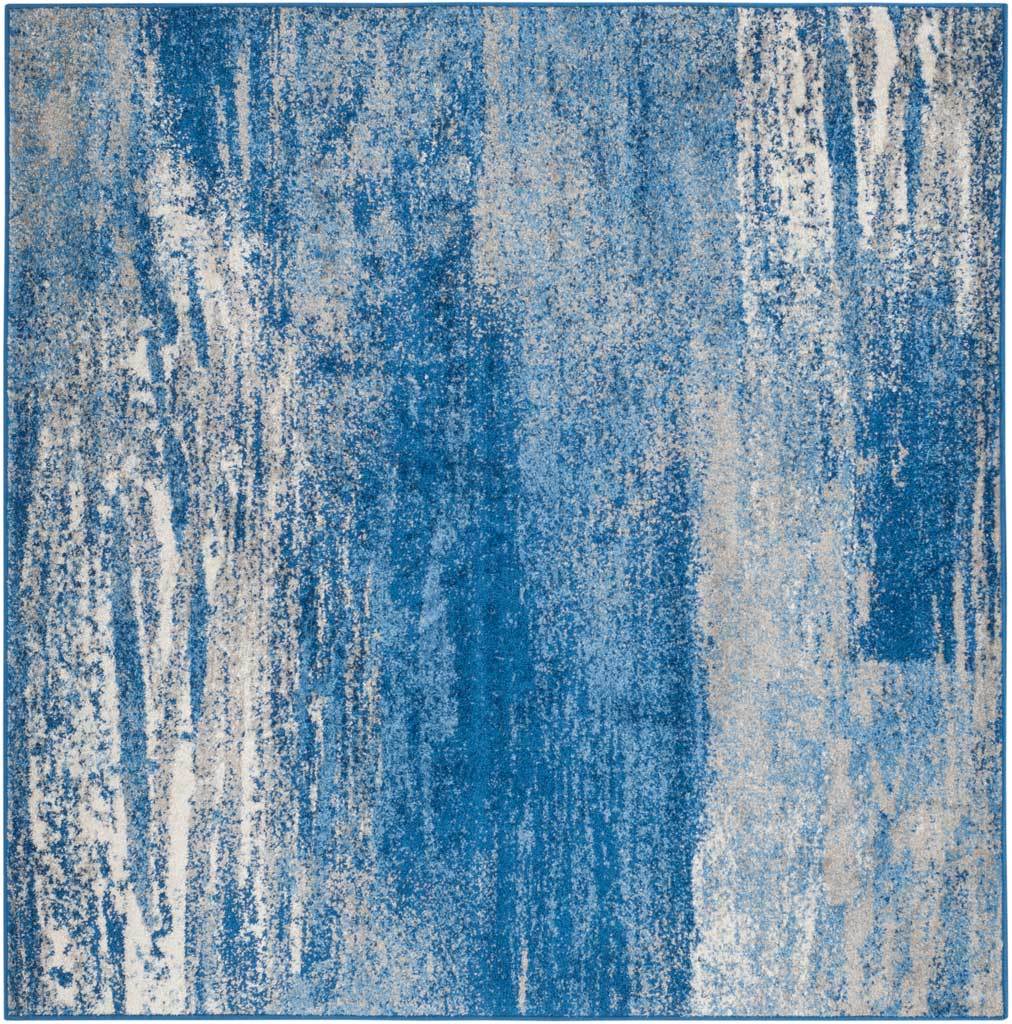 Square silver and blue rug with layered streaks and a textured abstract pattern