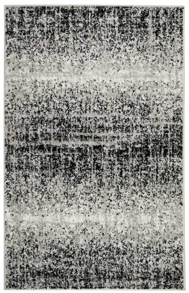 Small silver and black accent rug with a textured abstract pattern and dark horizontal bands