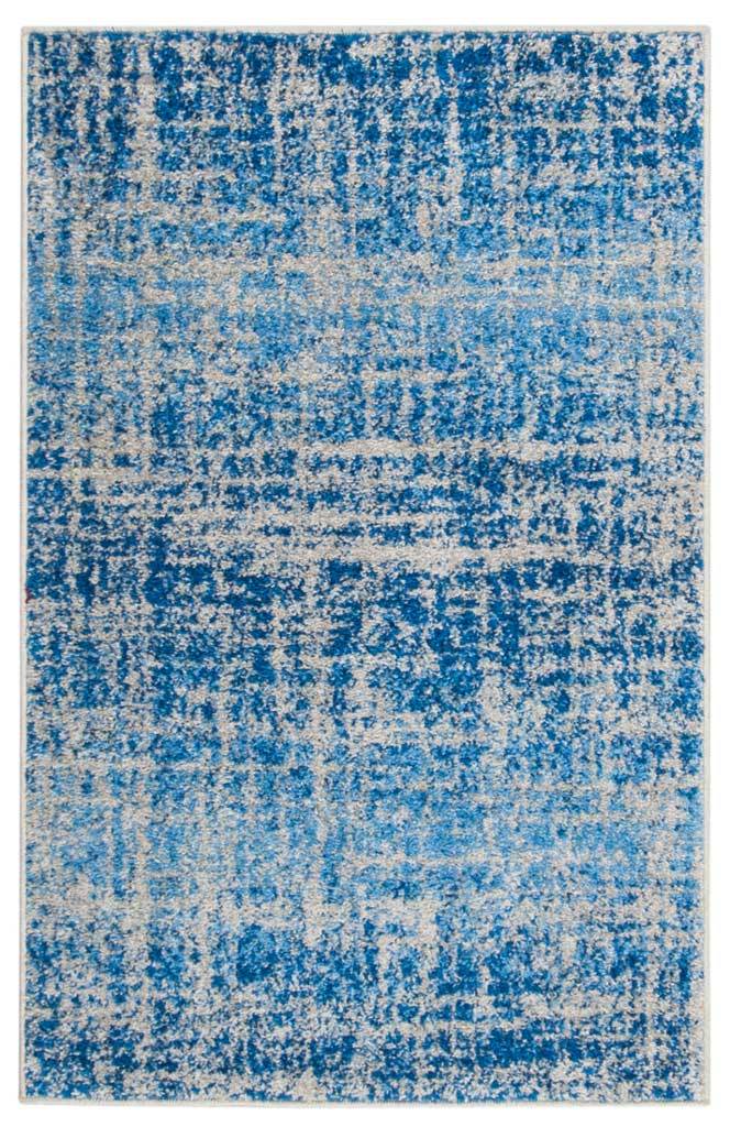 Compact blue and silver accent rug with a weathered, crosshatched design and bound edges
