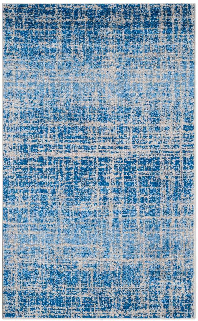 Blue and silver rectangular rug with a mottled abstract pattern and dark blue stripes