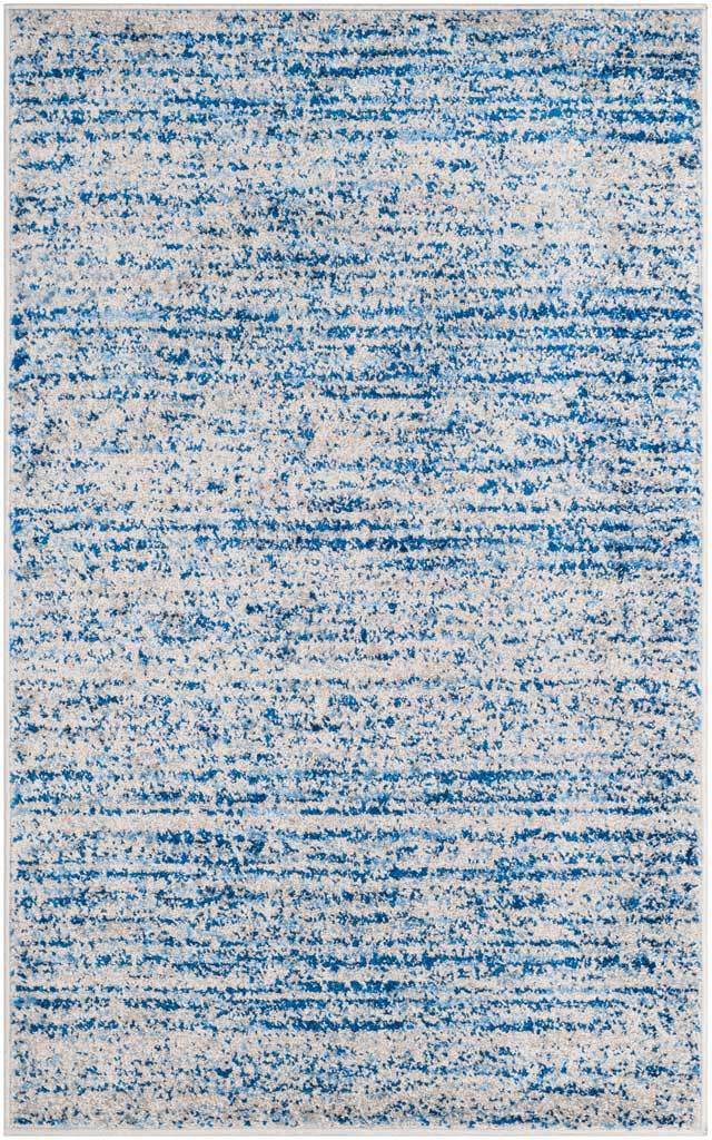 3' x 5' blue and silver area rug with fine, uneven lines across a light-toned ground