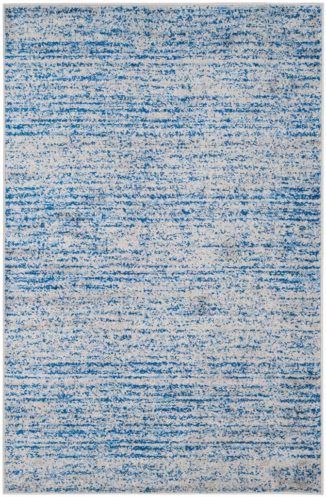 4' x 6' blue and silver rug with delicate broken stripes and a softly distressed finish