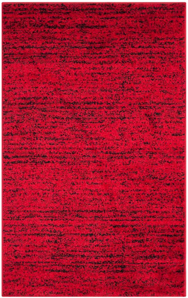 3' x 5' red and black rug with mottled texture and uneven horizontal bands