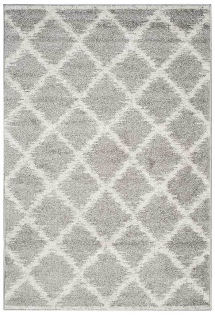 Silver and ivory rug with an interlocking diamond design and softly textured appearance