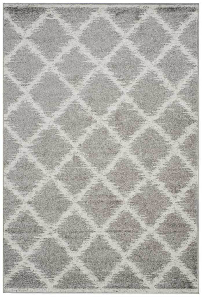 Silver and ivory rectangular rug with a gently faded geometric trellis