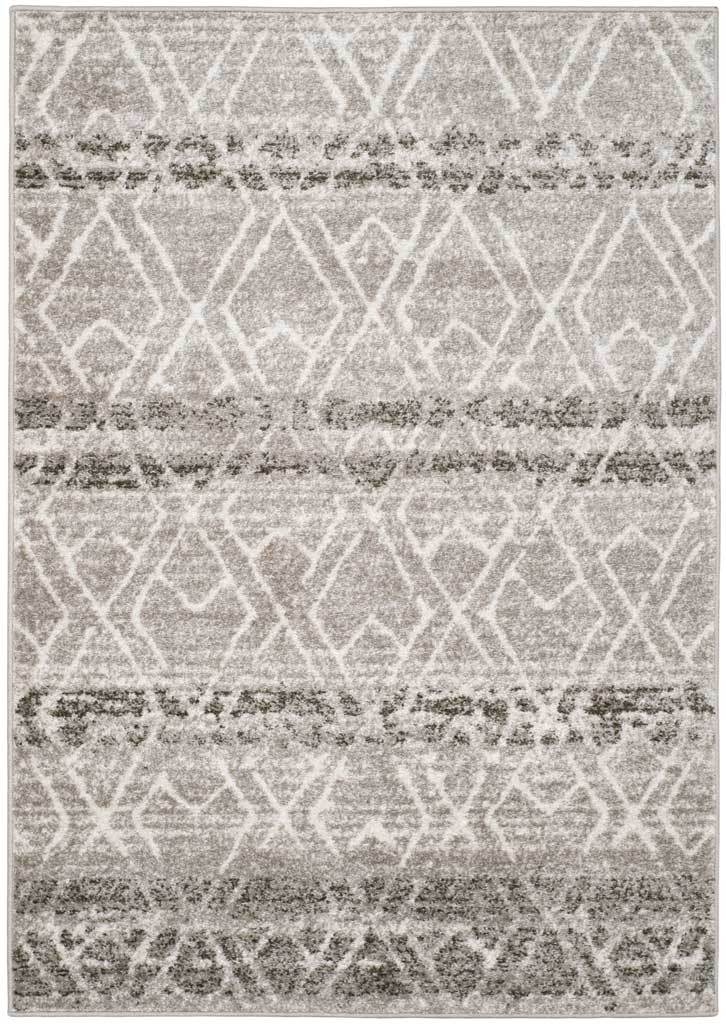 Ivory diamond lattice and mottled silver bands create a subtly weathered rug