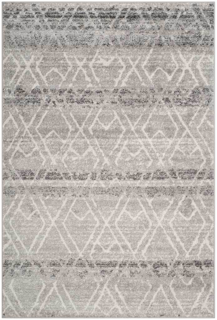 Silver and ivory area rug with a softly distressed geometric lattice and textured horizontal bands || ADR124B-8 || top_studio