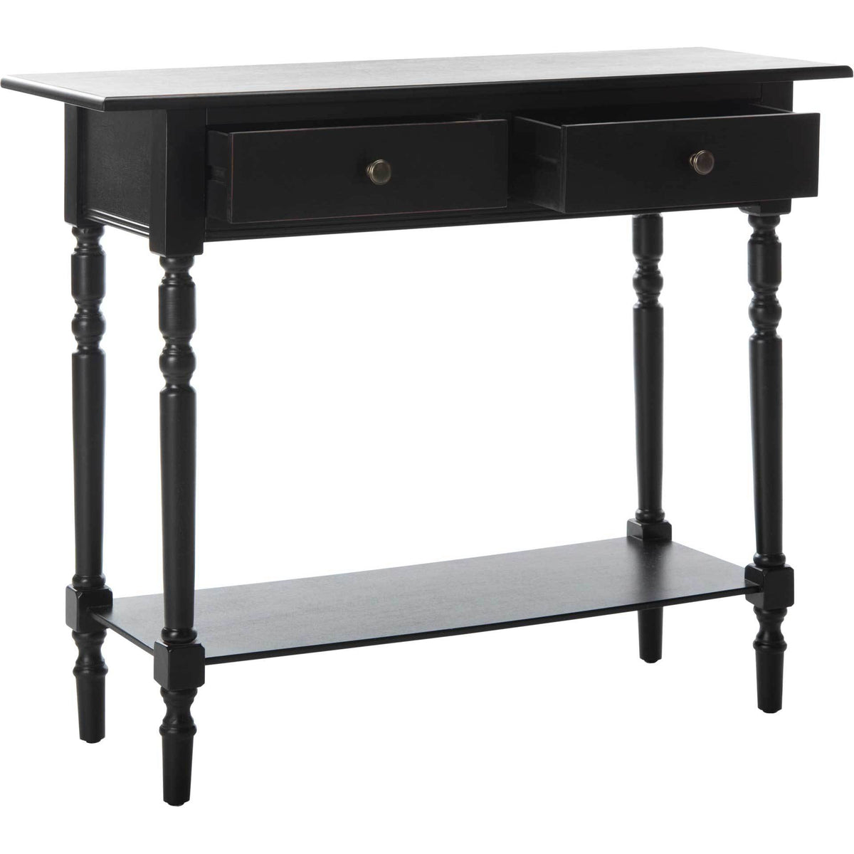 Partially open drawers add easy access to this black console with turned legs and a lower shelf
