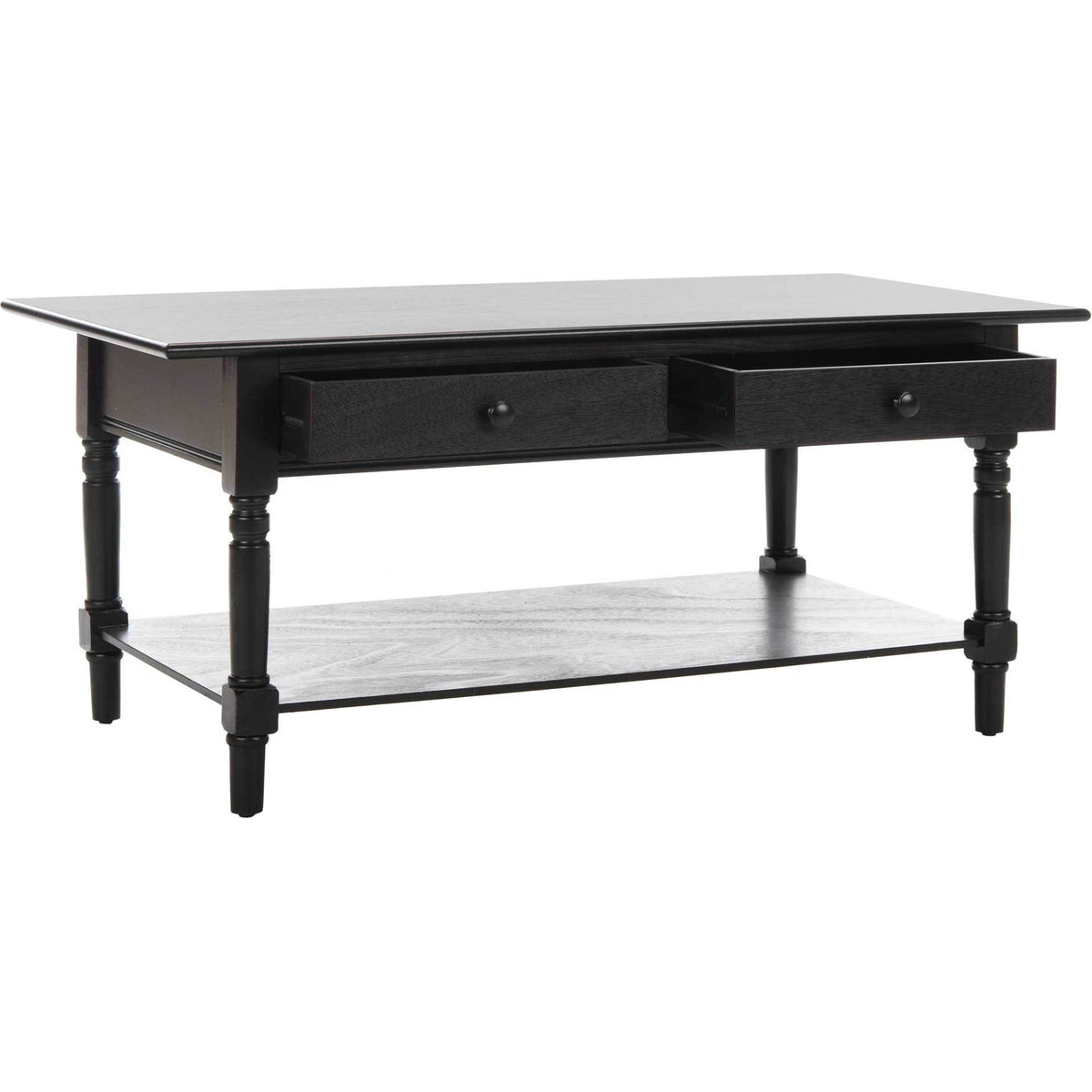 Two open drawers offer convenient storage above a spacious black lower shelf