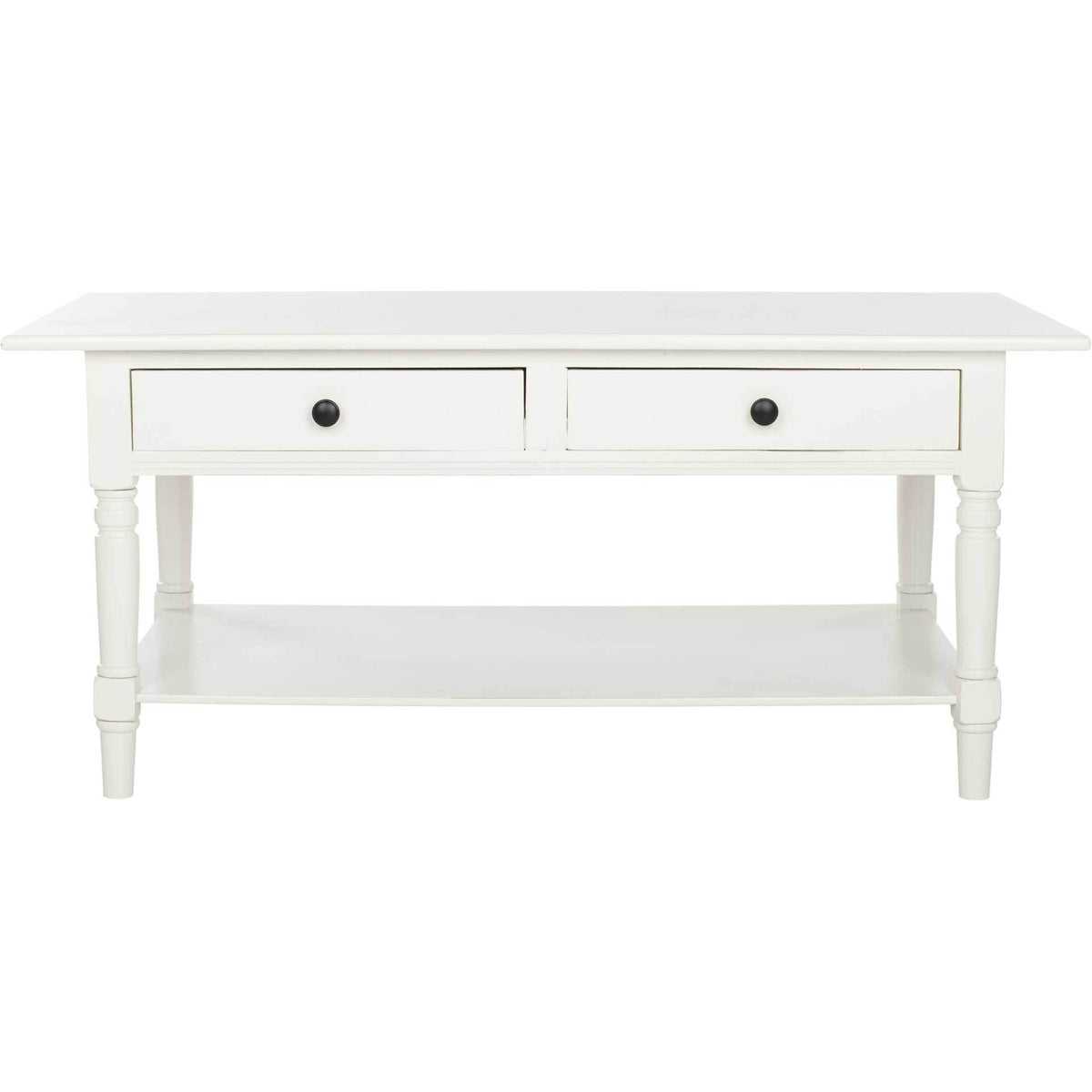 Distressed cream coffee table with two drawers, turned legs, and an open shelf || AMH5706C || front_studio