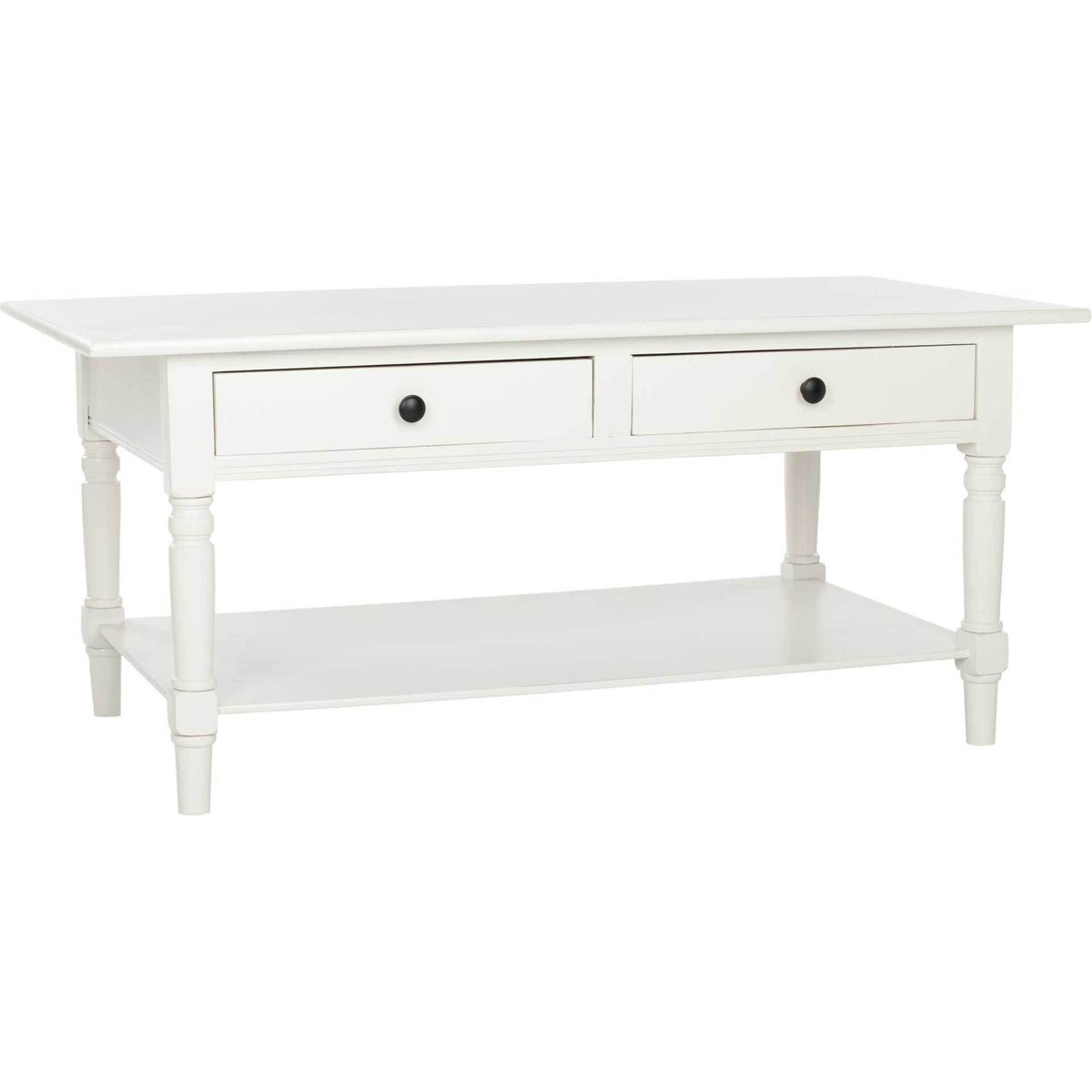 Cream coffee table pairs dark drawer knobs with turned legs and a roomy lower shelf || AMH5706C || front_angle_studio