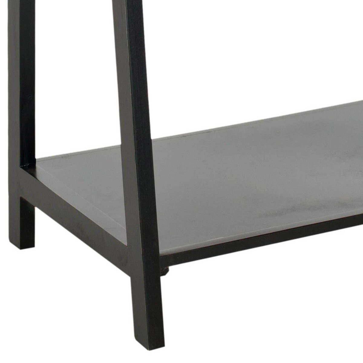 Angled black legs support a broad lower shelf, grounding the clean-lined, five-tier design.