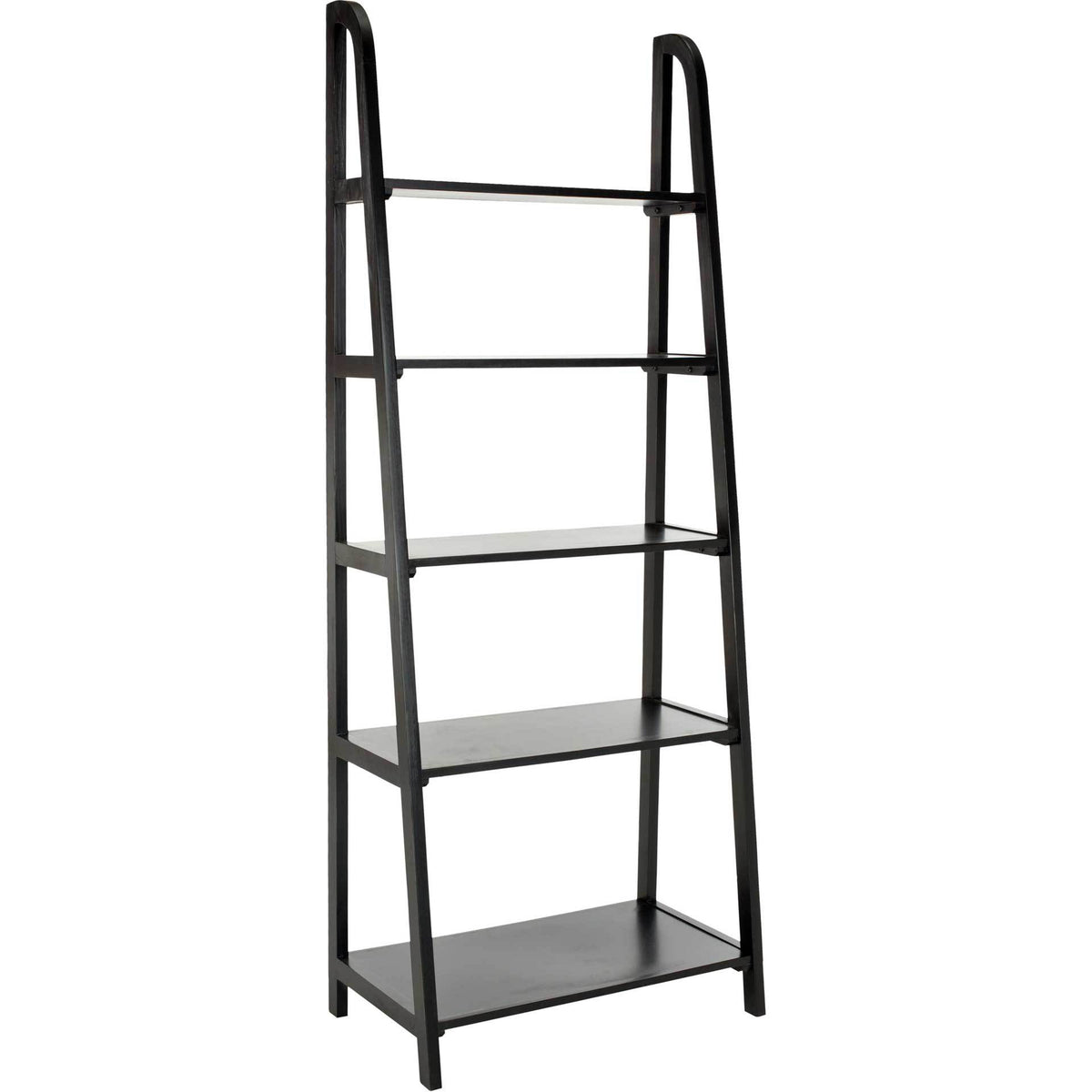 Five black shelves increase in depth toward the base within a slim, ladder-inspired frame. || AMH6544B || front_angle_studio