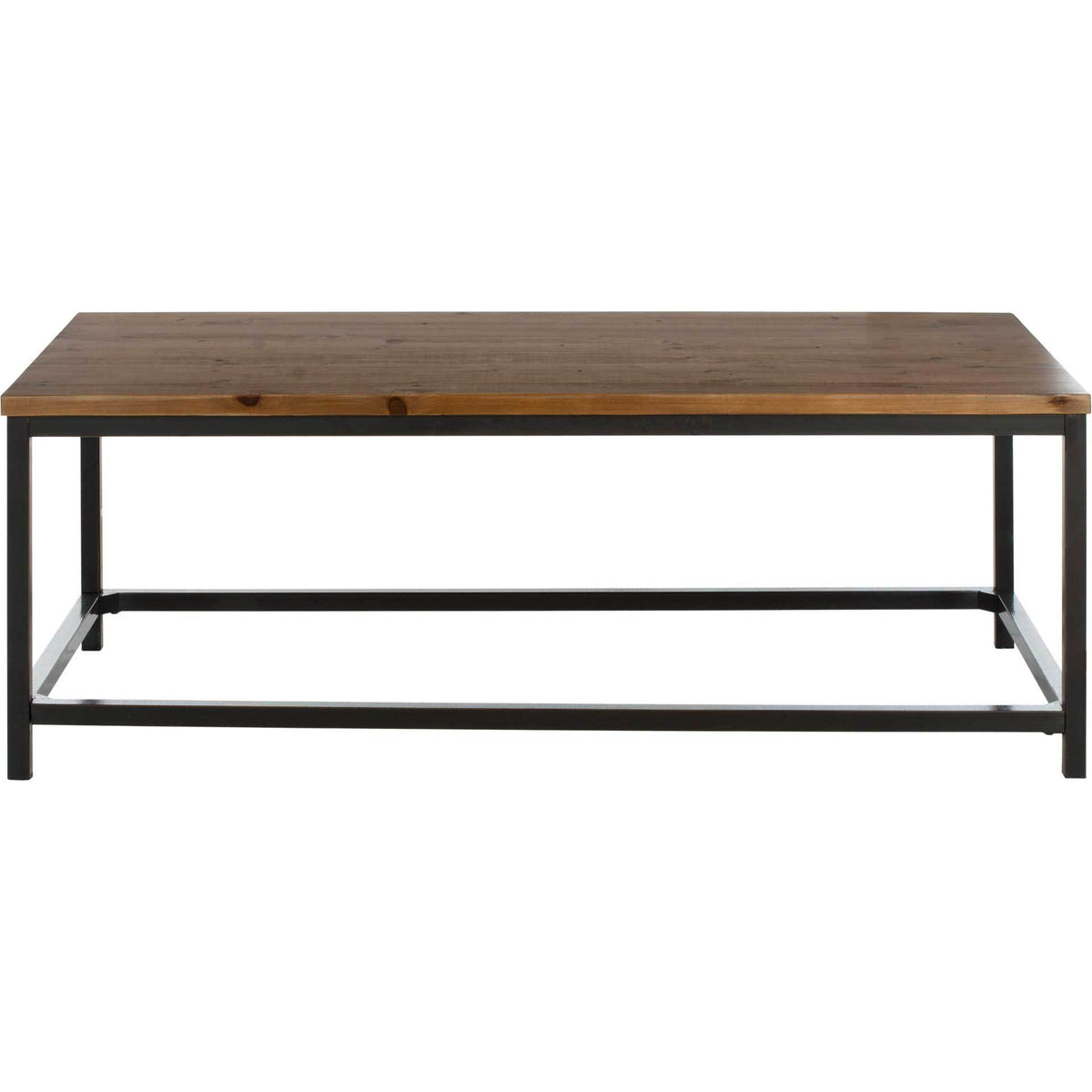 Rectangular wood surface and slim black metal supports keep this brown coffee table airy. || AMH6545A || front_studio