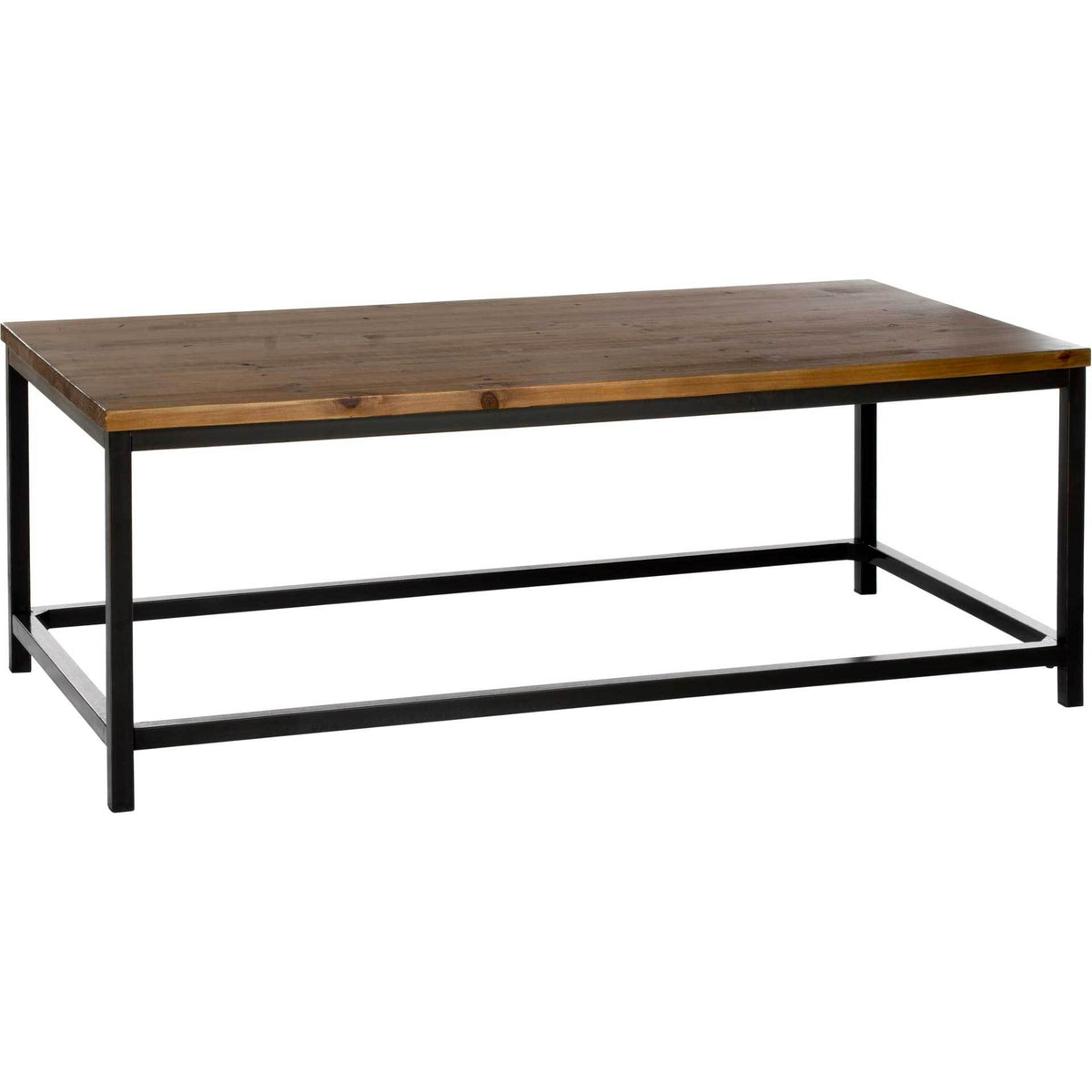 Warm brown wood tabletop and open black iron frame create a clean industrial coffee table. || AMH6545A || front_angle_studio