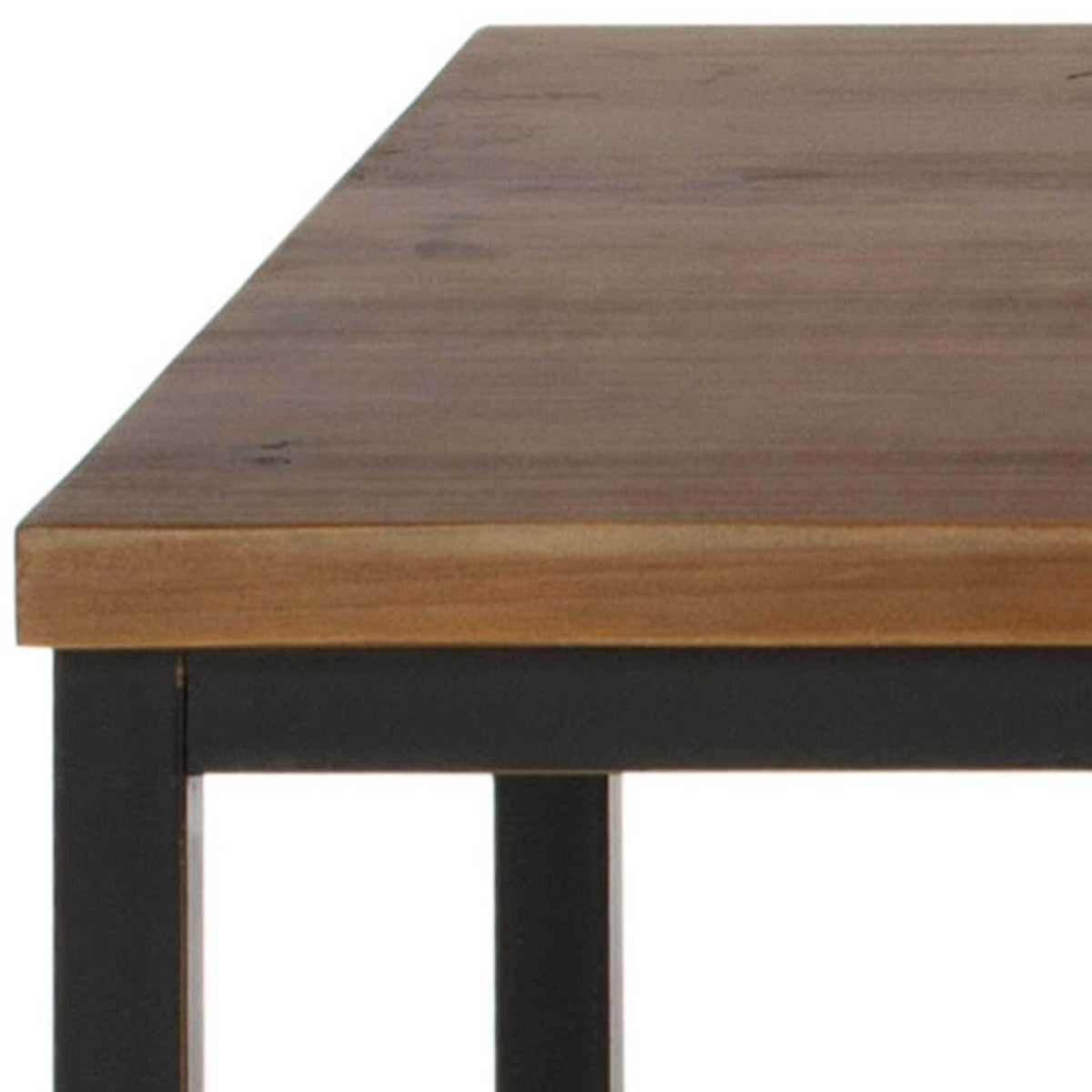 Natural wood grain and a thick brown tabletop edge contrast with the black metal frame.