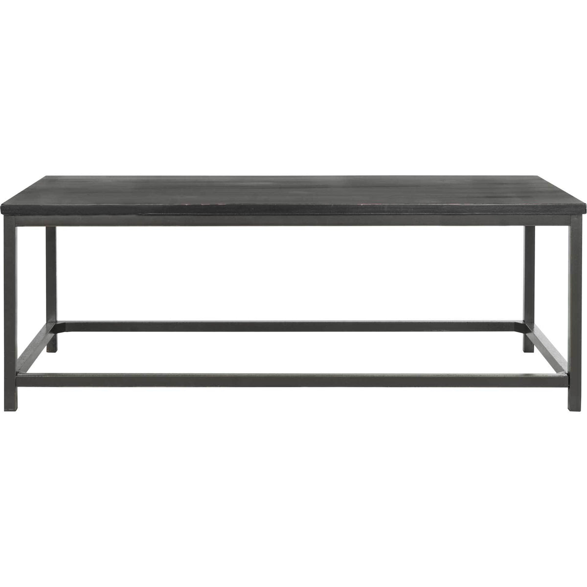 Dark rectangular tabletop rests on a simple open iron frame with clean lines. || AMH6545C || front_studio