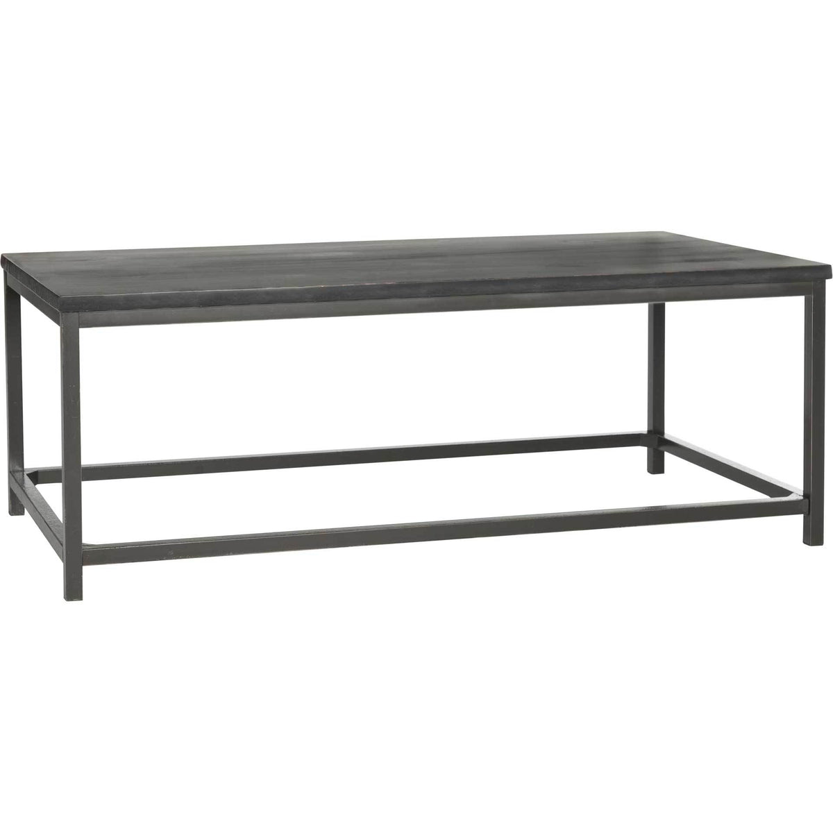 Distressed black wood top and slim metal supports create an airy industrial coffee table. || AMH6545C || front_angle_studio