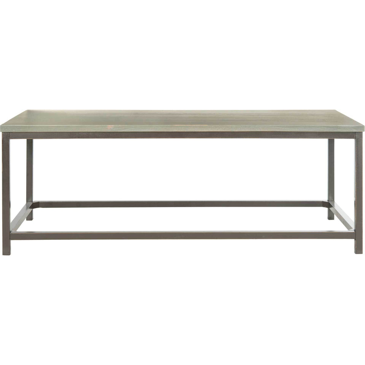 Muted gray wood surface and slender iron supports create a streamlined coffee table. || AMH6545D || front_studio
