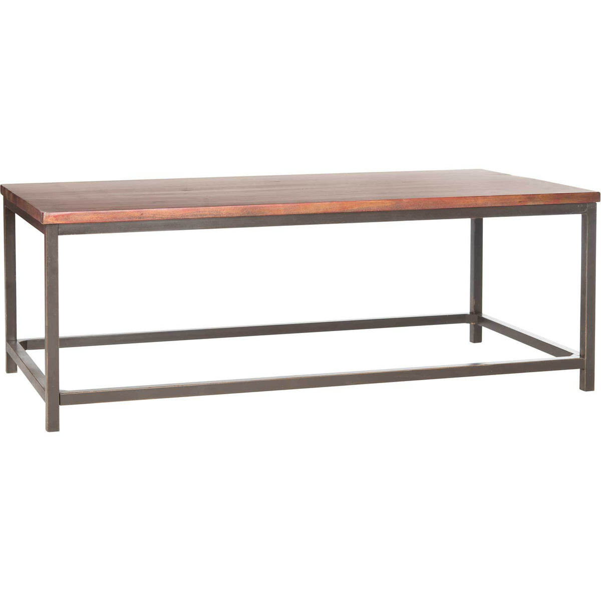 Distressed maroon wood top brings rustic color to an open iron coffee table frame. || AMH6545E || front_angle_studio