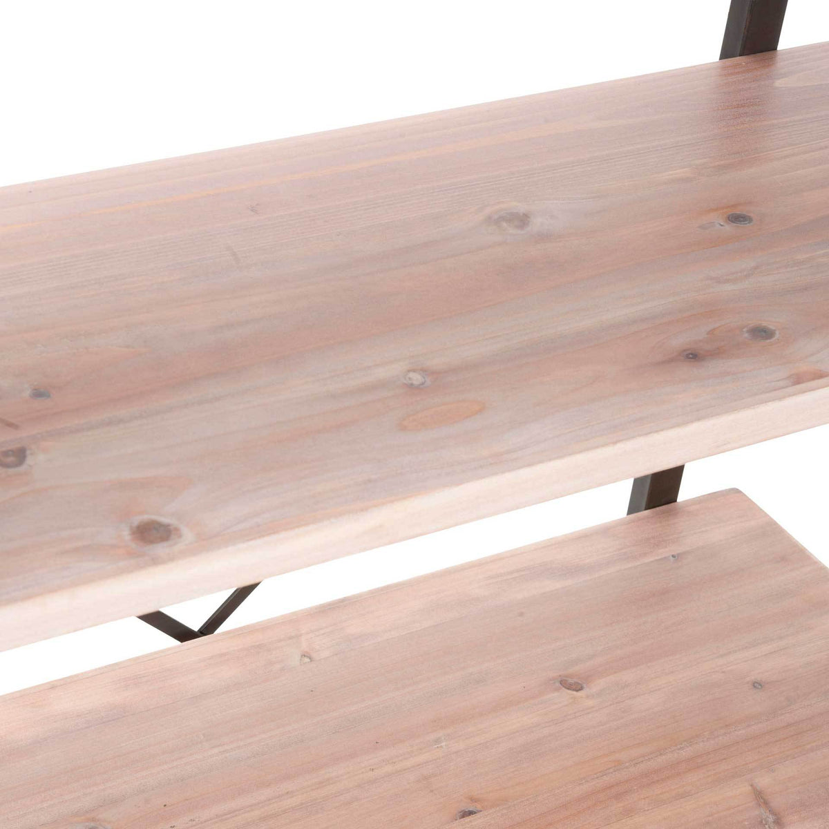 Visible grain and knots add character to the pale red maple-finished wood shelves.