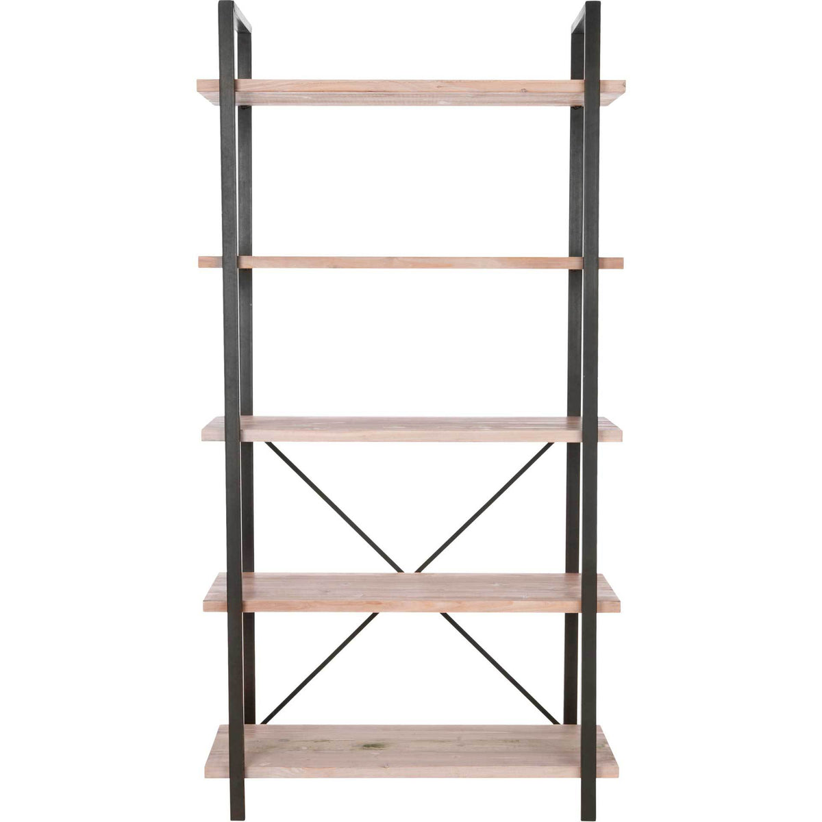 Five fir wood shelves and an X-braced iron frame create open industrial-style storage. || AMH6560A || front_studio