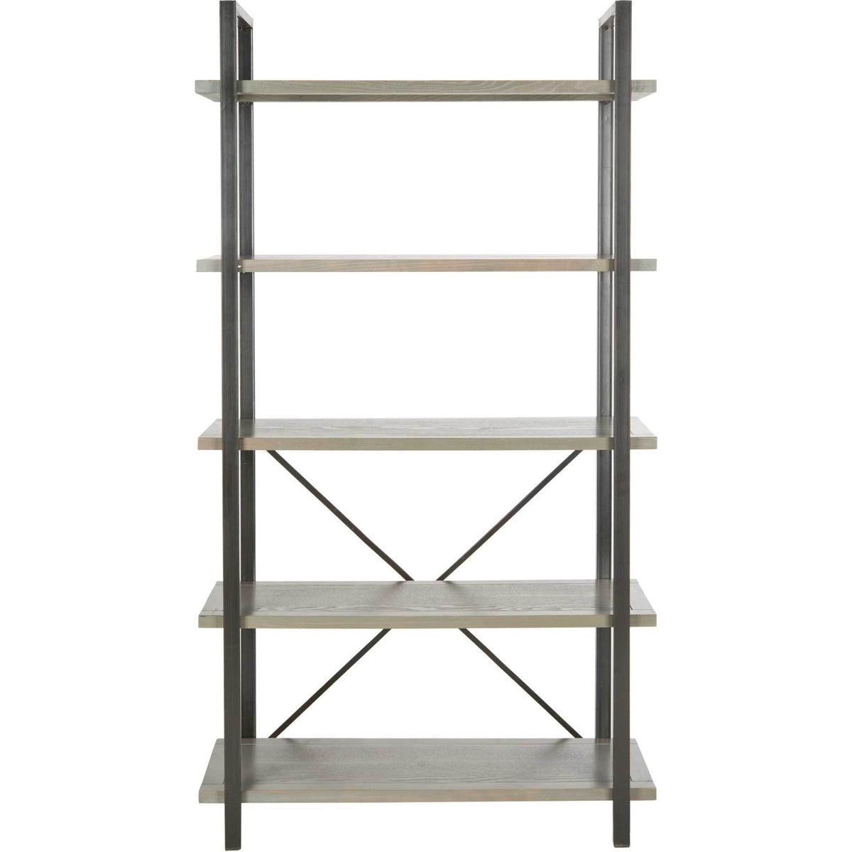 Open five-tier shelving pairs gray elm wood with black iron uprights and an X-shaped brace. || AMH6560B || front_studio