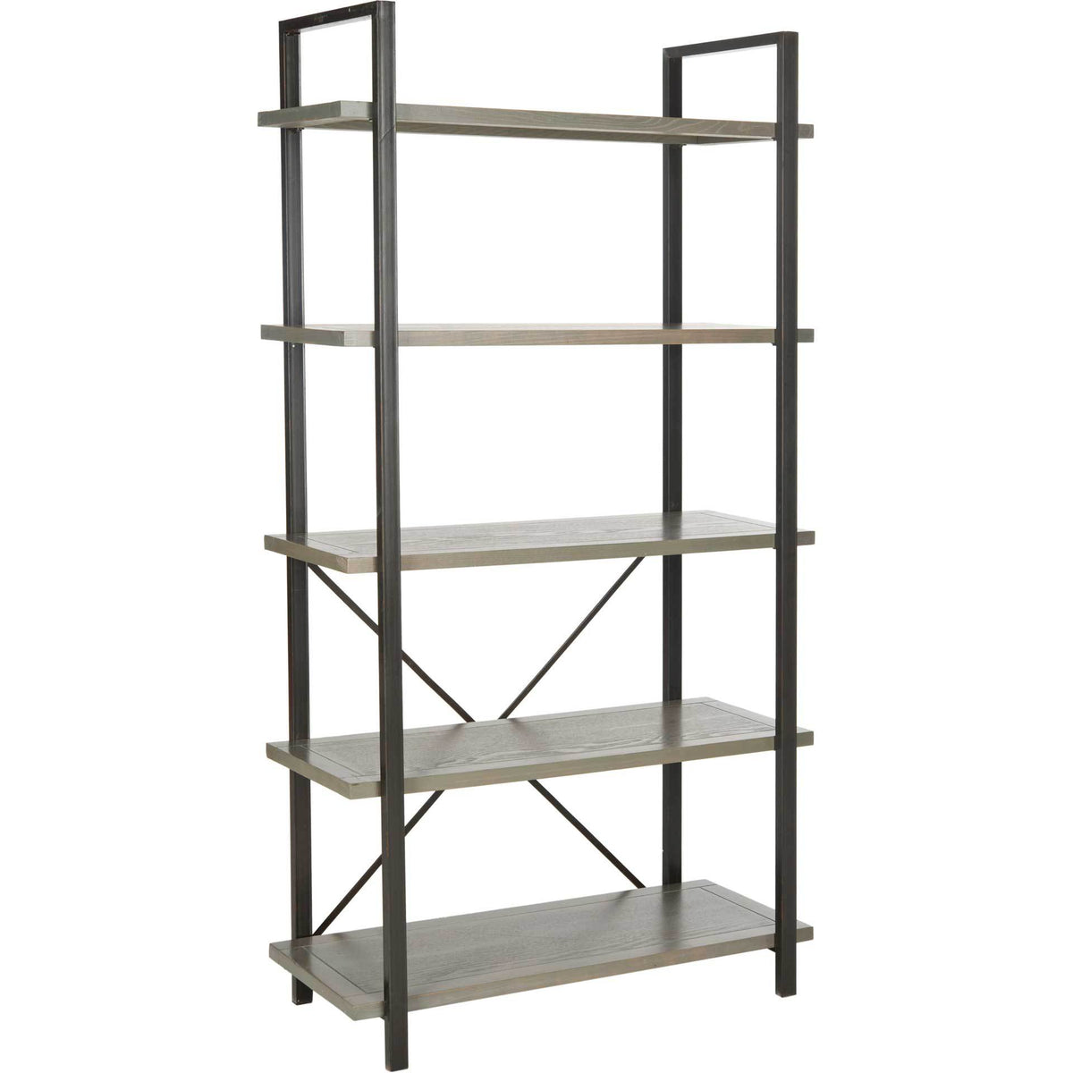Five ash gray wood shelves sit within a slim black iron frame with cross bracing. || AMH6560B || front_angle_studio