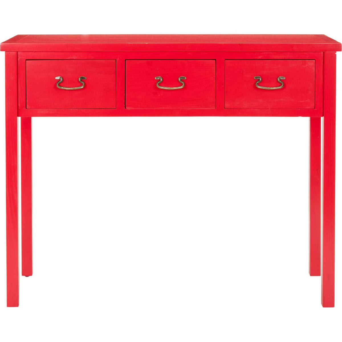 Three-drawer red console pairs a slender tabletop with clean lines and an airy open base || AMH6568F || front_studio
