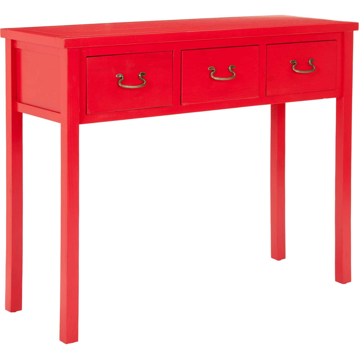 Vibrant red pine console features three drawers, antique gold pulls, and gently tapered legs || AMH6568F || front_angle_studio