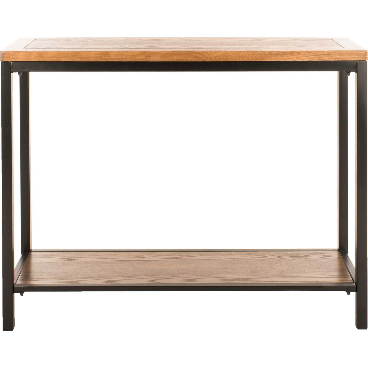Clean-lined console offers an open display shelf beneath its warm wood top || AMH6589A || front_studio