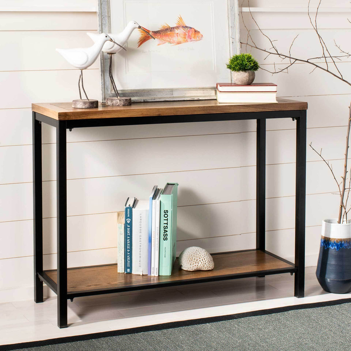 Spacious wood top and lower shelf provide room for books, plants, and favorite decor