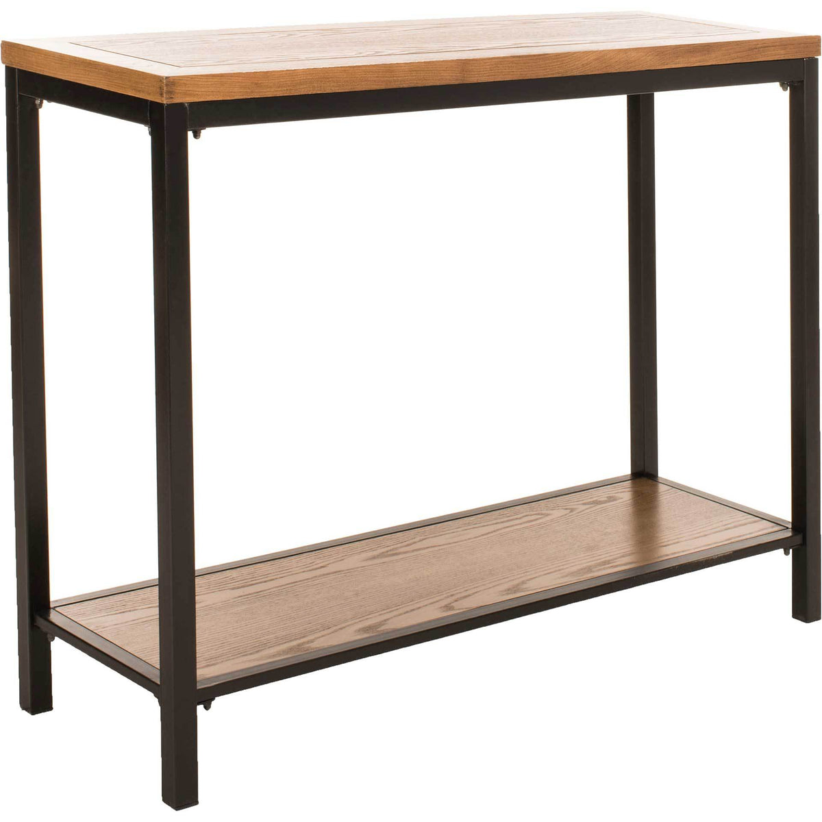Oak-toned wood top and lower shelf contrast with a slim black iron frame || AMH6589A || front_angle_studio