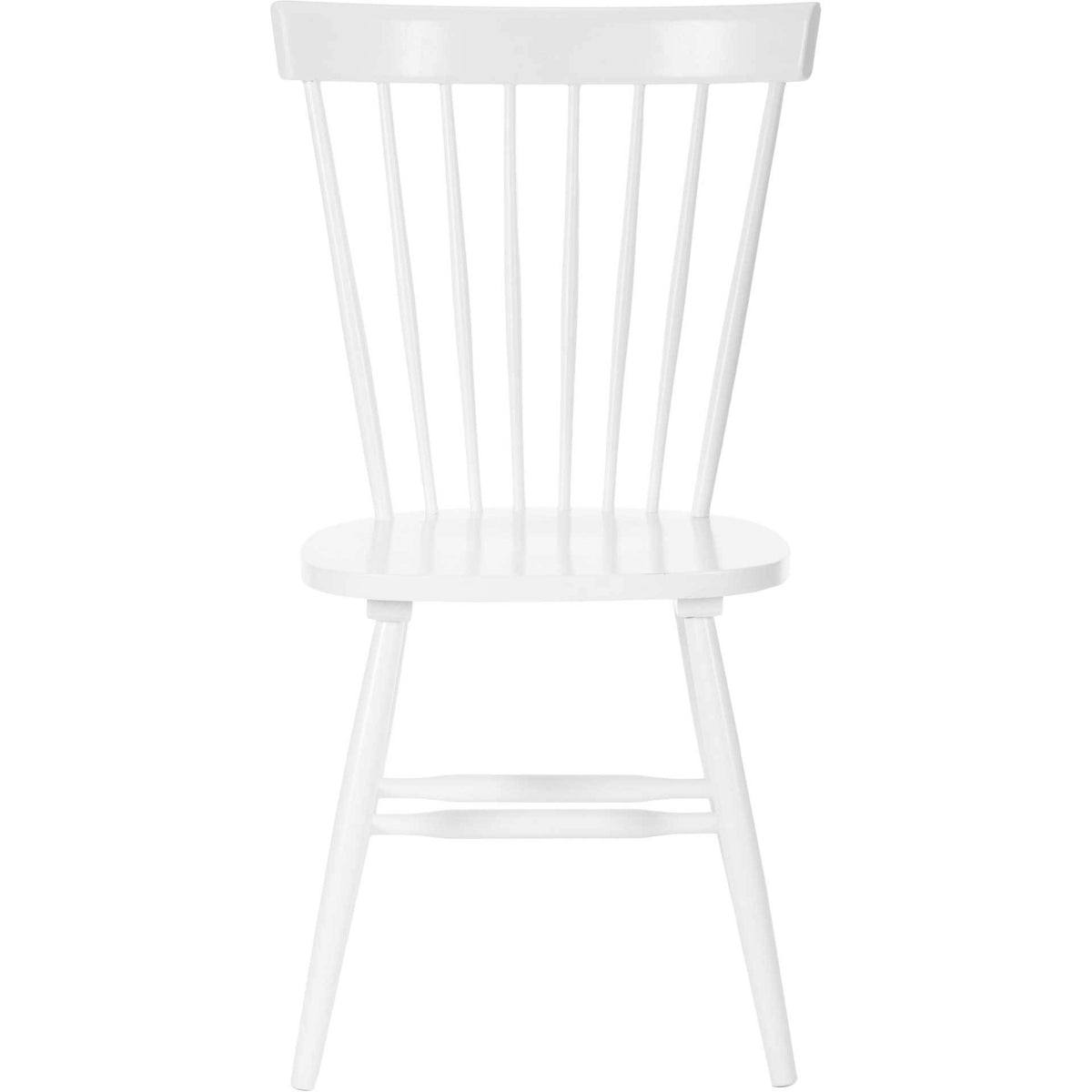 A white spindle-back dining chair has a curved top rail and sturdy horizontal stretchers. || AMH8500A-SET2 || front_studio