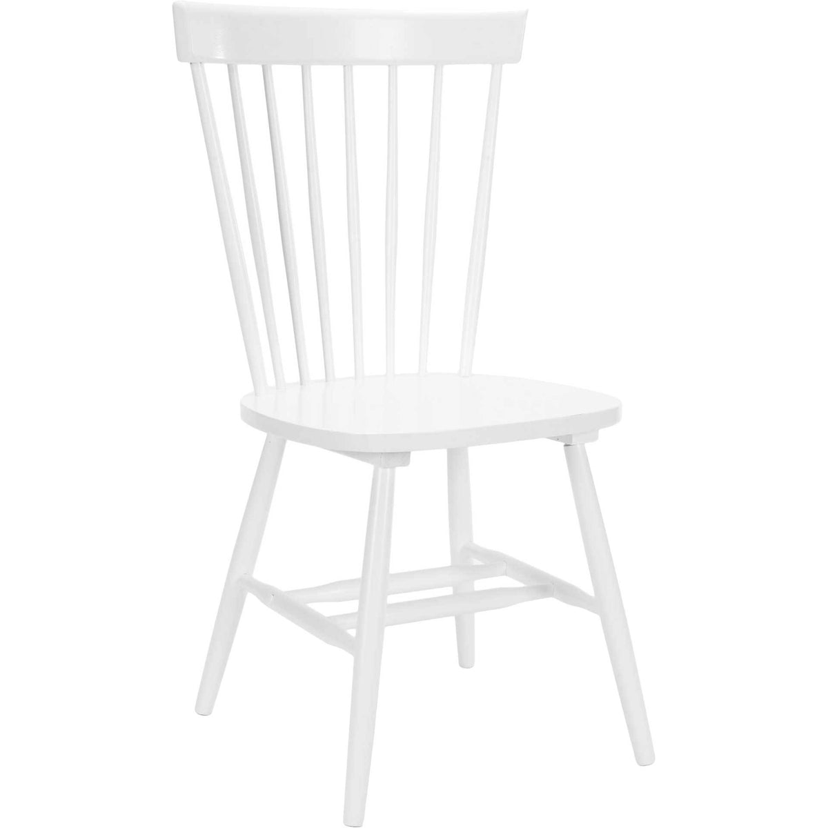 A crisp white wood chair pairs a high spindle back with a gently curved, shaped seat. || AMH8500A-SET2 || front_angle_studio