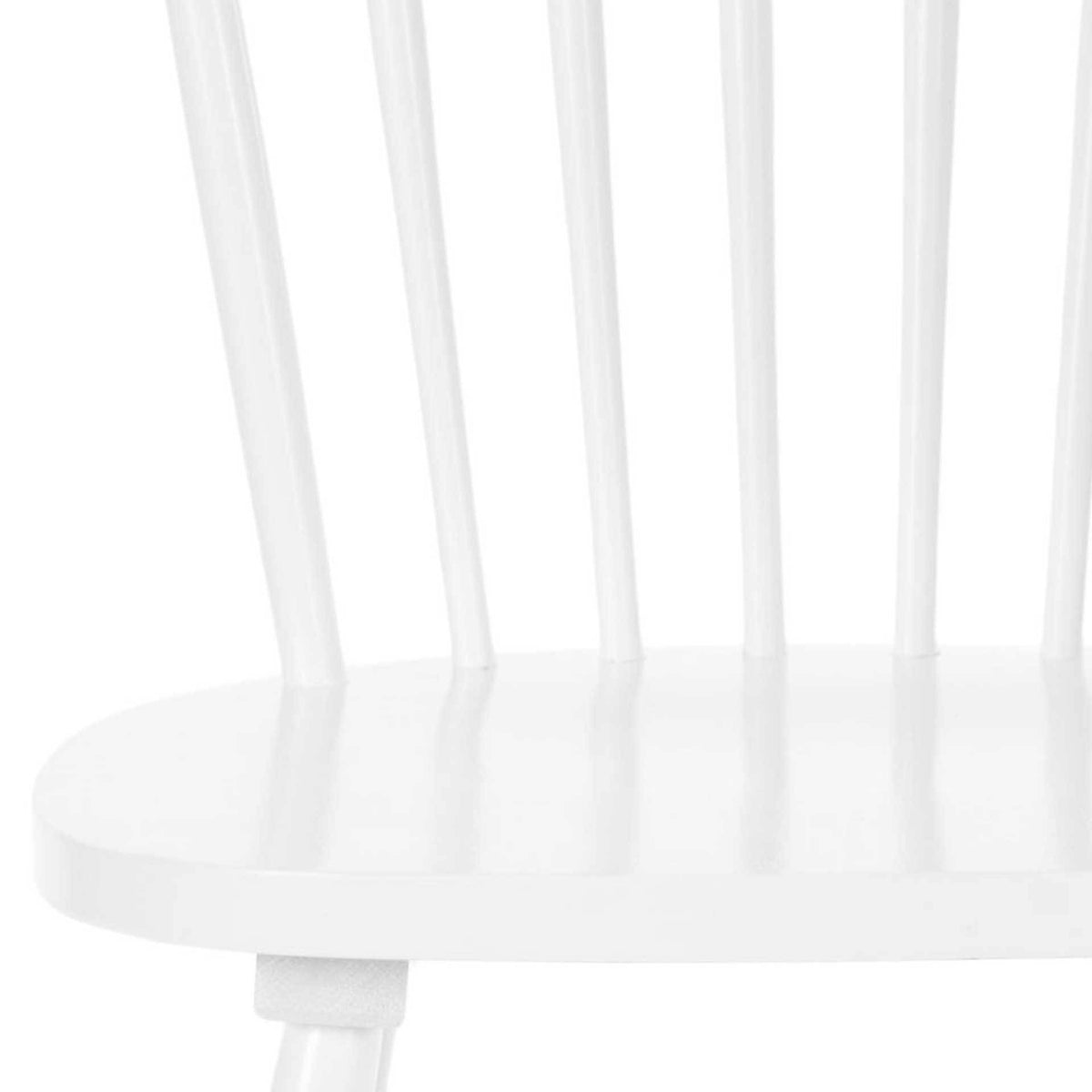 The smooth white seat and slim spindles create a fresh, clean-lined wood dining chair.