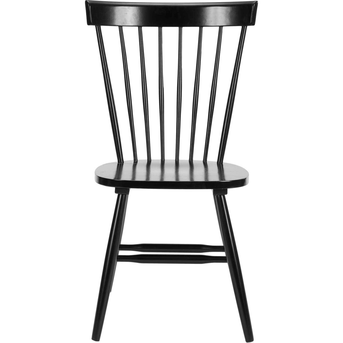 A black spindle-back dining chair has a curved top rail and sturdy leg stretchers. || AMH8500B-SET2 || front_studio