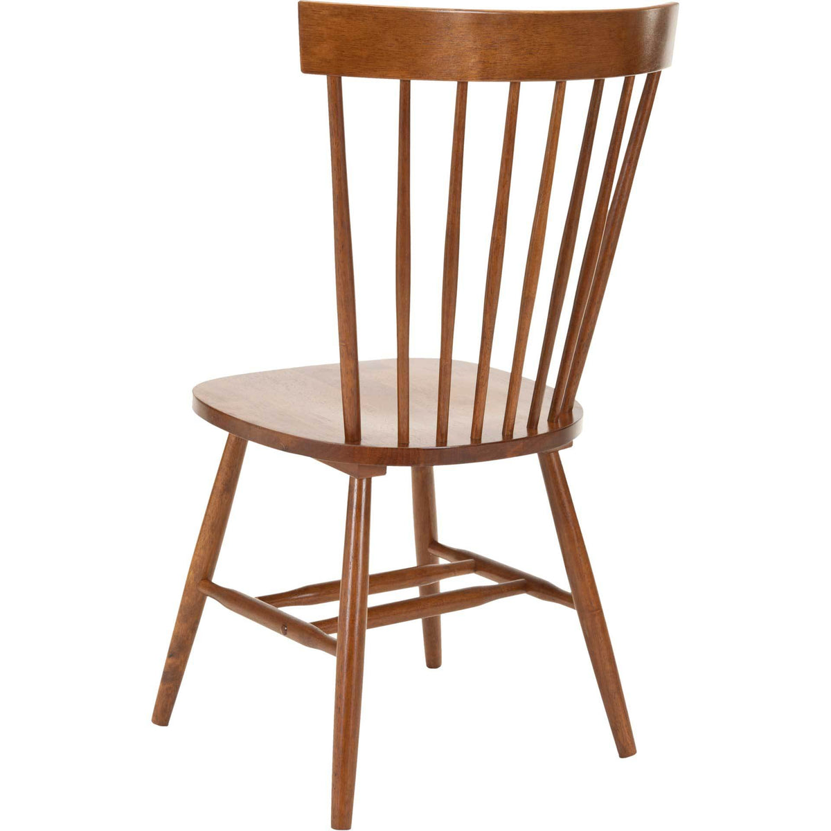 Visible wood grain enriches the curved top rail and open spindles of this brown dining chair.