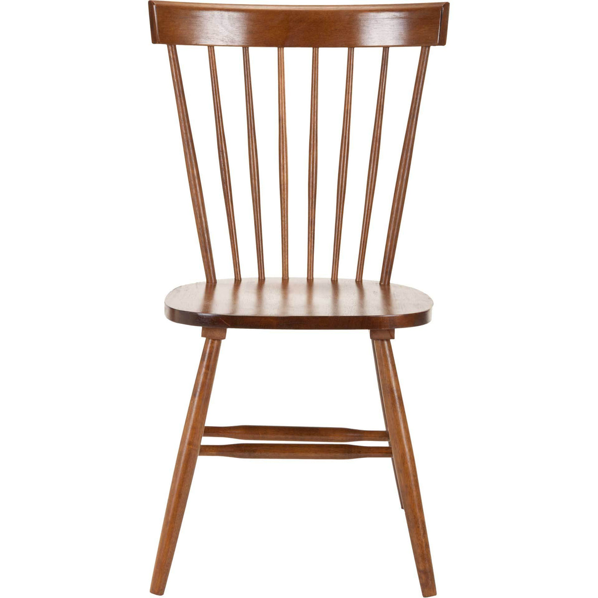 A brown wood spindle-back chair combines a gently shaped seat with strong lower stretchers. || AMH8500C-SET2 || front_studio