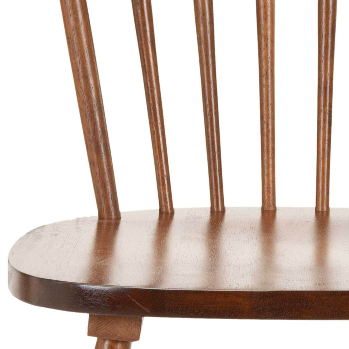 Subtle wood grain and a warm brown finish highlight the rounded seat and slender spindles.