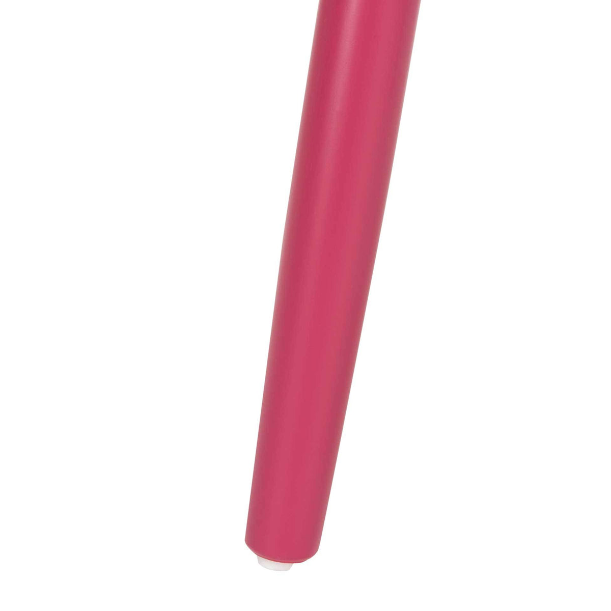 A raspberry-colored tapered leg ends in a small light-colored foot cap.
