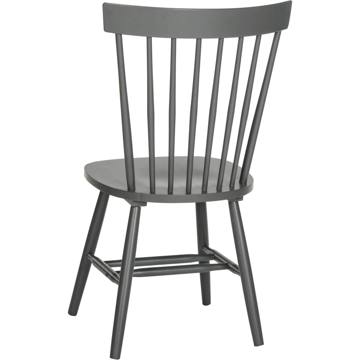 Slim spindles and a curved top rail lend this charcoal gray wood chair its airy design.