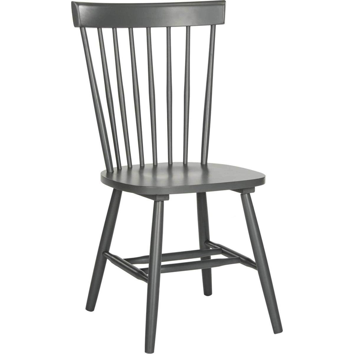 A charcoal gray wood dining chair combines an open spindle back with a smooth, rounded seat. || AMH8500G-SET2 || front_angle_studio