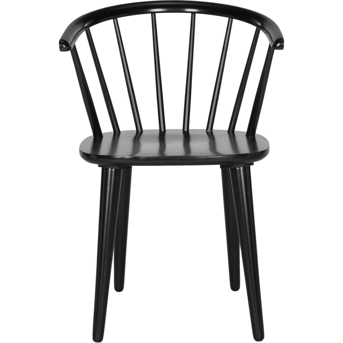 A curved black backrest fans into slender spindles above a rounded wood seat. || AMH8512A-SET2 || front_studio